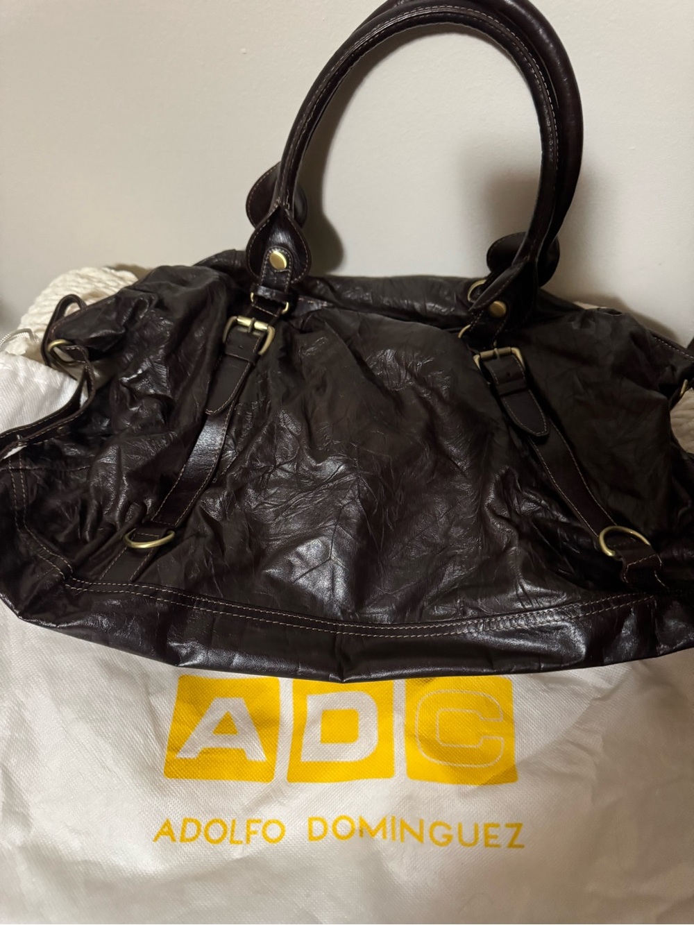 Adolfo Dominguez Dark Brown Leather Tote with Brass Accents - Picture 1 of 7